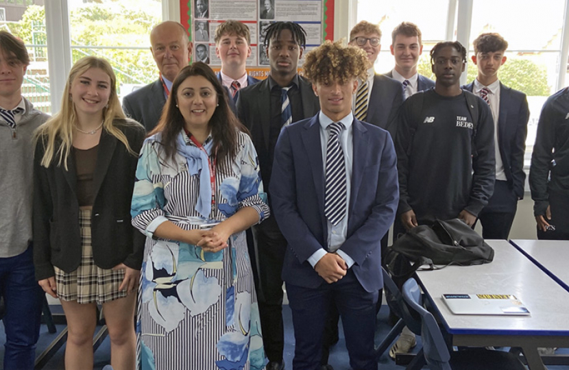 East Sussex councillor Nick Bennett and MP Nus Ghani at St Bede's school